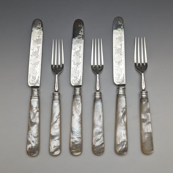 1880 年英國古董雕刻白色珍珠手柄甜點餐具 3 副套裝斯托克斯和愛爾蘭